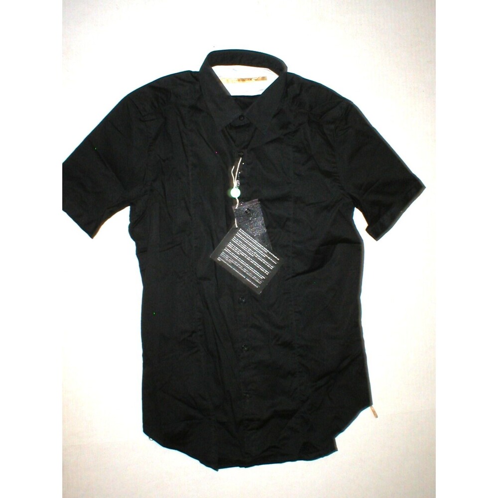New Mens NWT Designer Messagerie Button Down Shirt M Black 40 Short Sleeve Italy